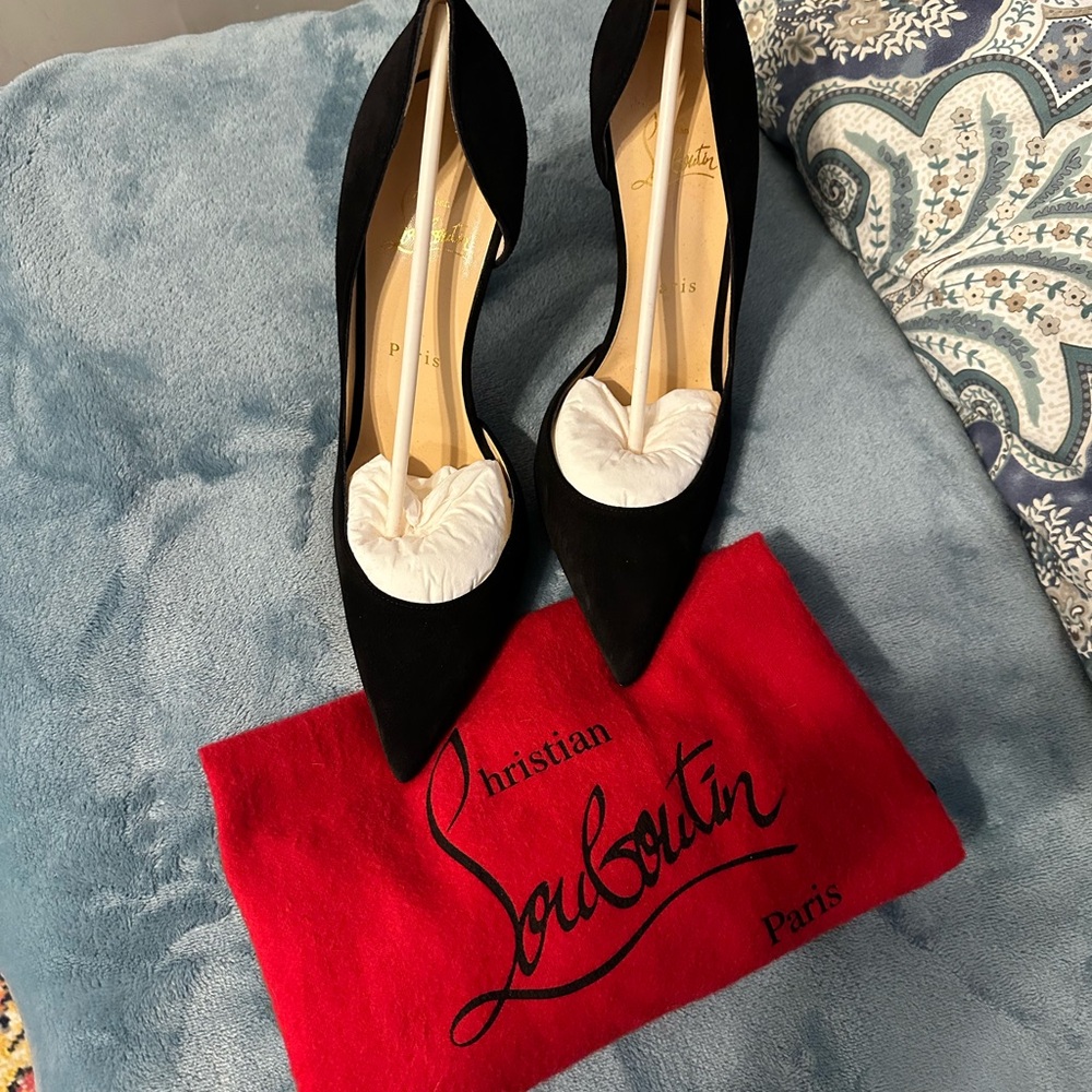 100% Authentic Christian Louboutin Black Suede Iriza Half d'Orsay Pumps